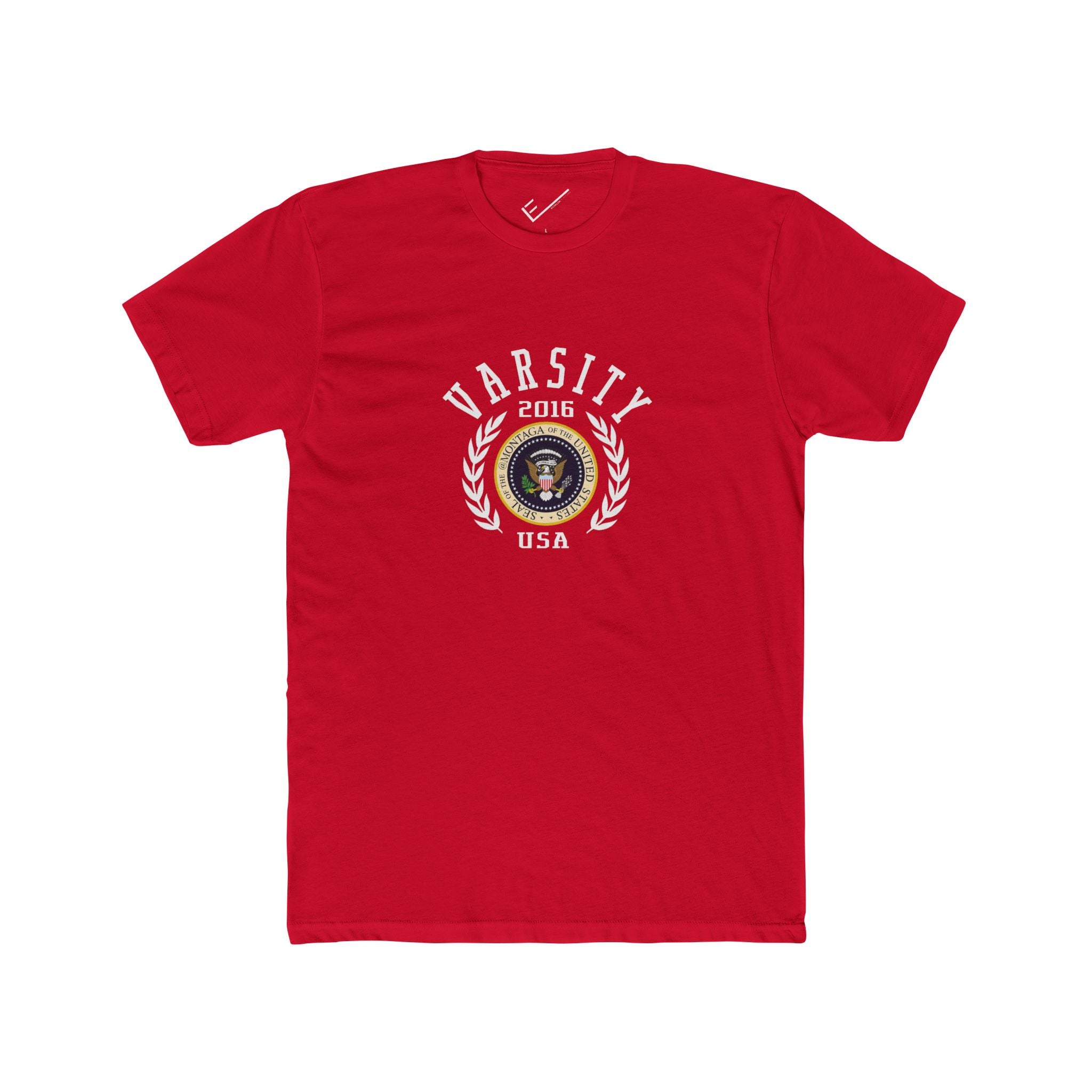 Montaga Podcast Varsity Tee: Tapered Fit, Unisex Lightweight Combed Cotton Crew Neck.