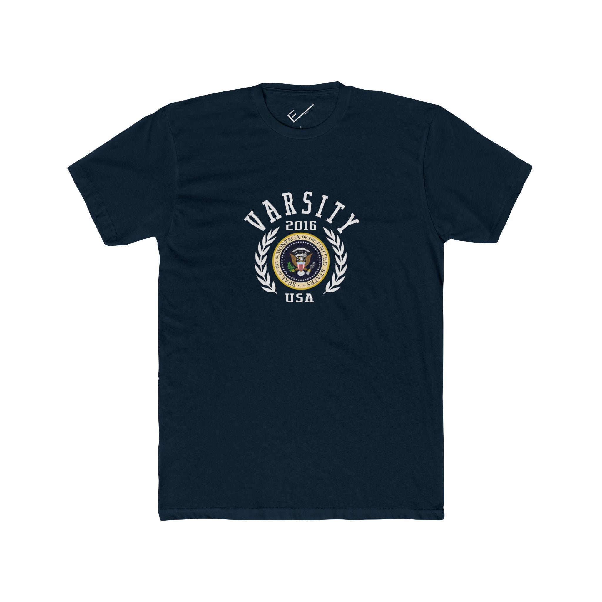 Montaga Podcast Varsity Tee: Tapered Fit, Unisex Lightweight Combed Cotton Crew Neck.