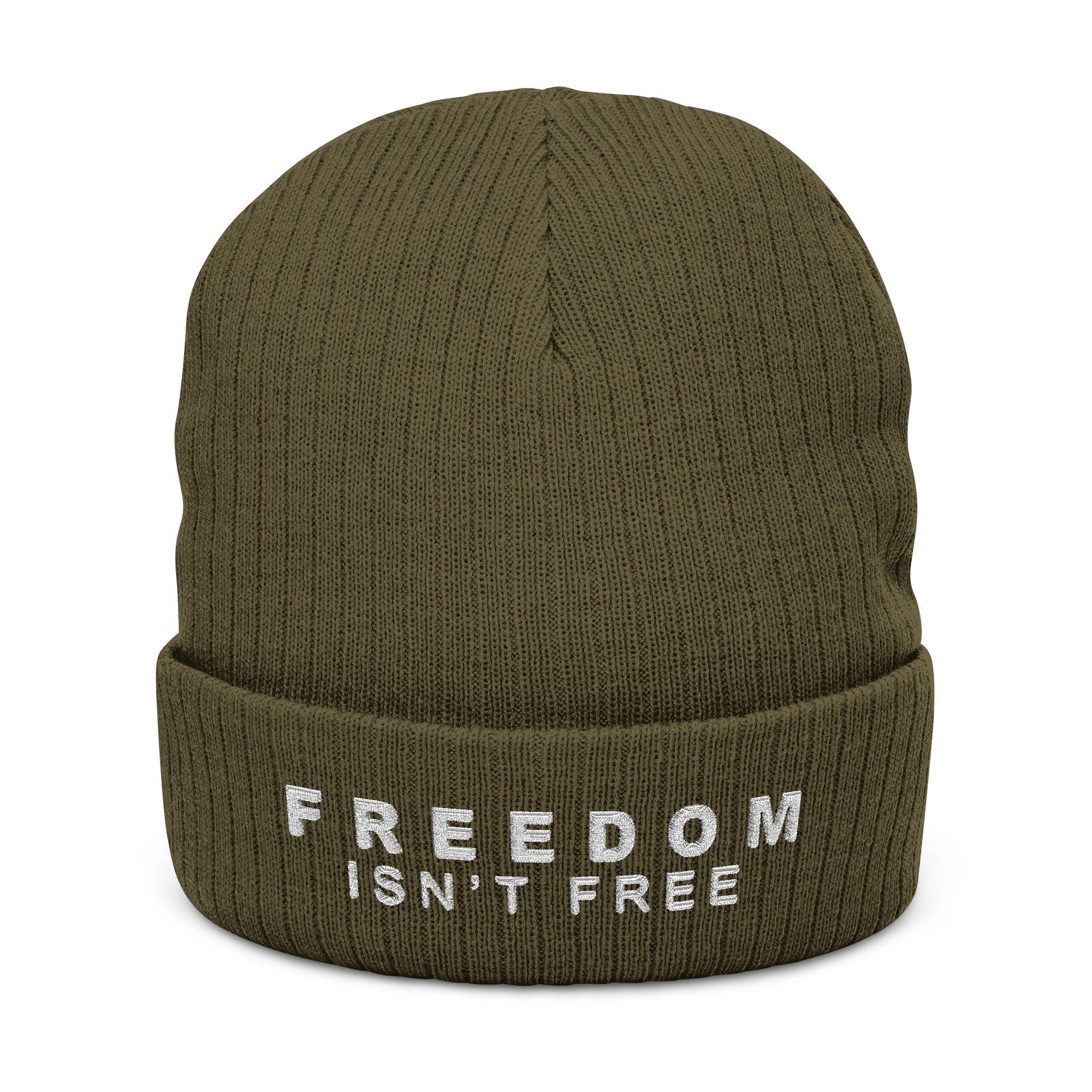 Freedom Isn't Free Unisex Ribbed Knit Beanie: Dark colors.