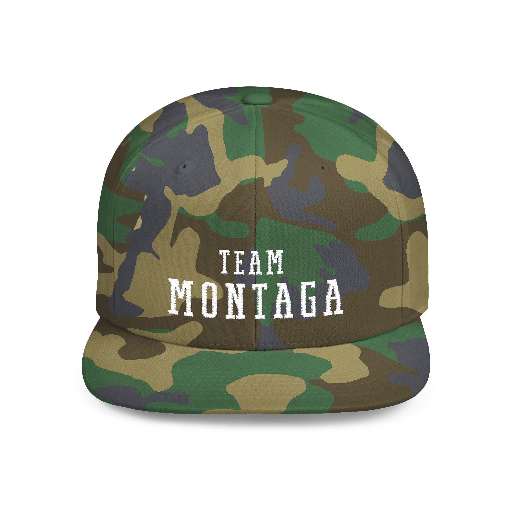 Team Montaga Varsity Flat Bill Snapback Hat: Dark colors