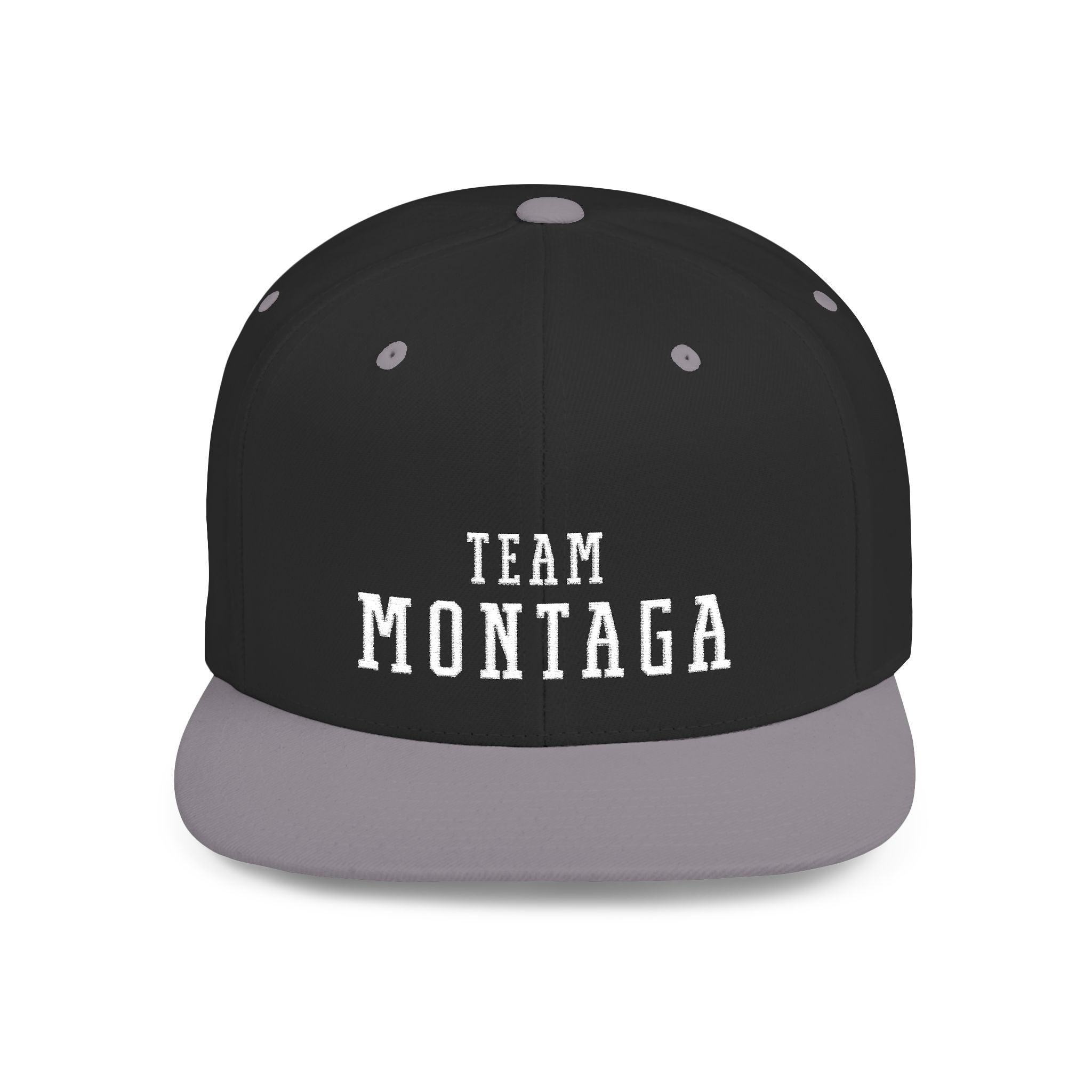 Team Montaga Varsity Flat Bill Snapback Hat: Dark colors