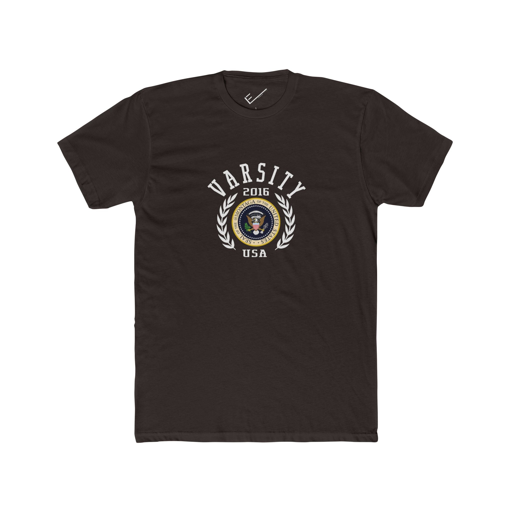 Montaga Podcast Varsity Tee: Tapered Fit, Unisex Lightweight Combed Cotton Crew Neck.