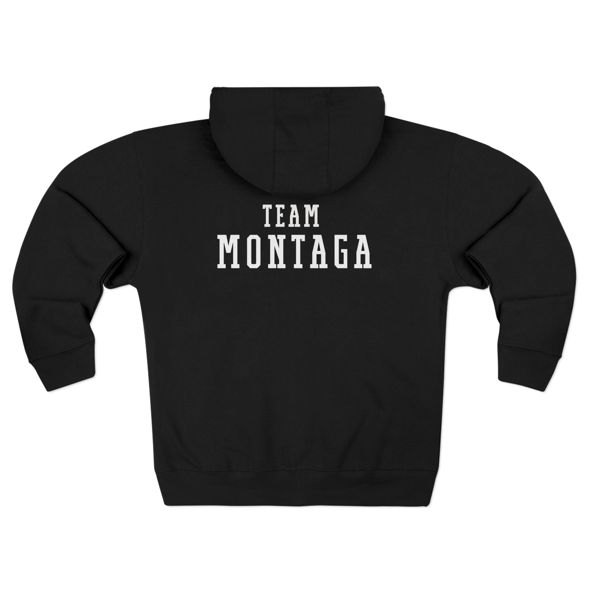 Team Montaga Unisex Zip Hoodie with Team Montaga and Flag Design.