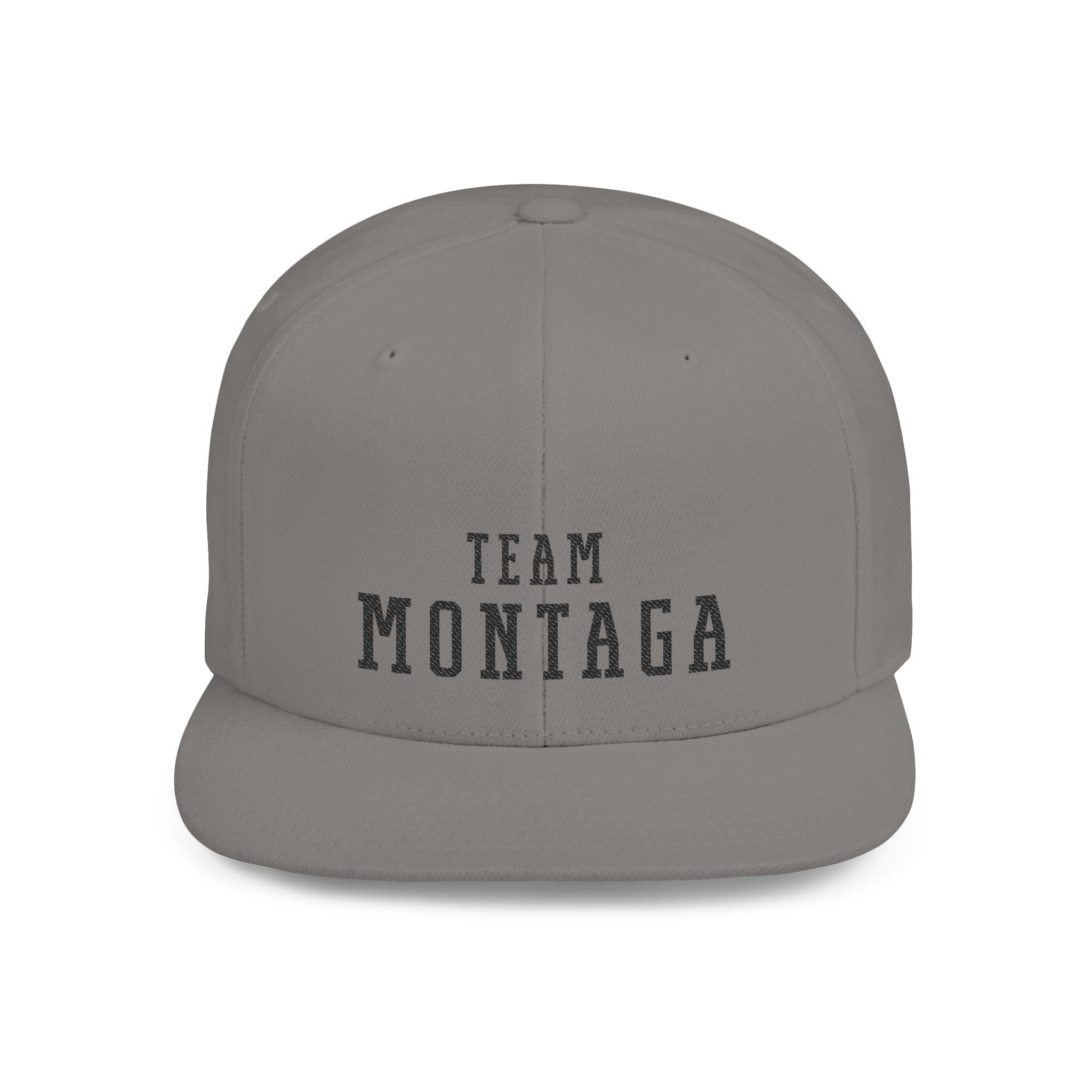 Team Montaga Varsity Flat Bill Snapback Hat: Light colors