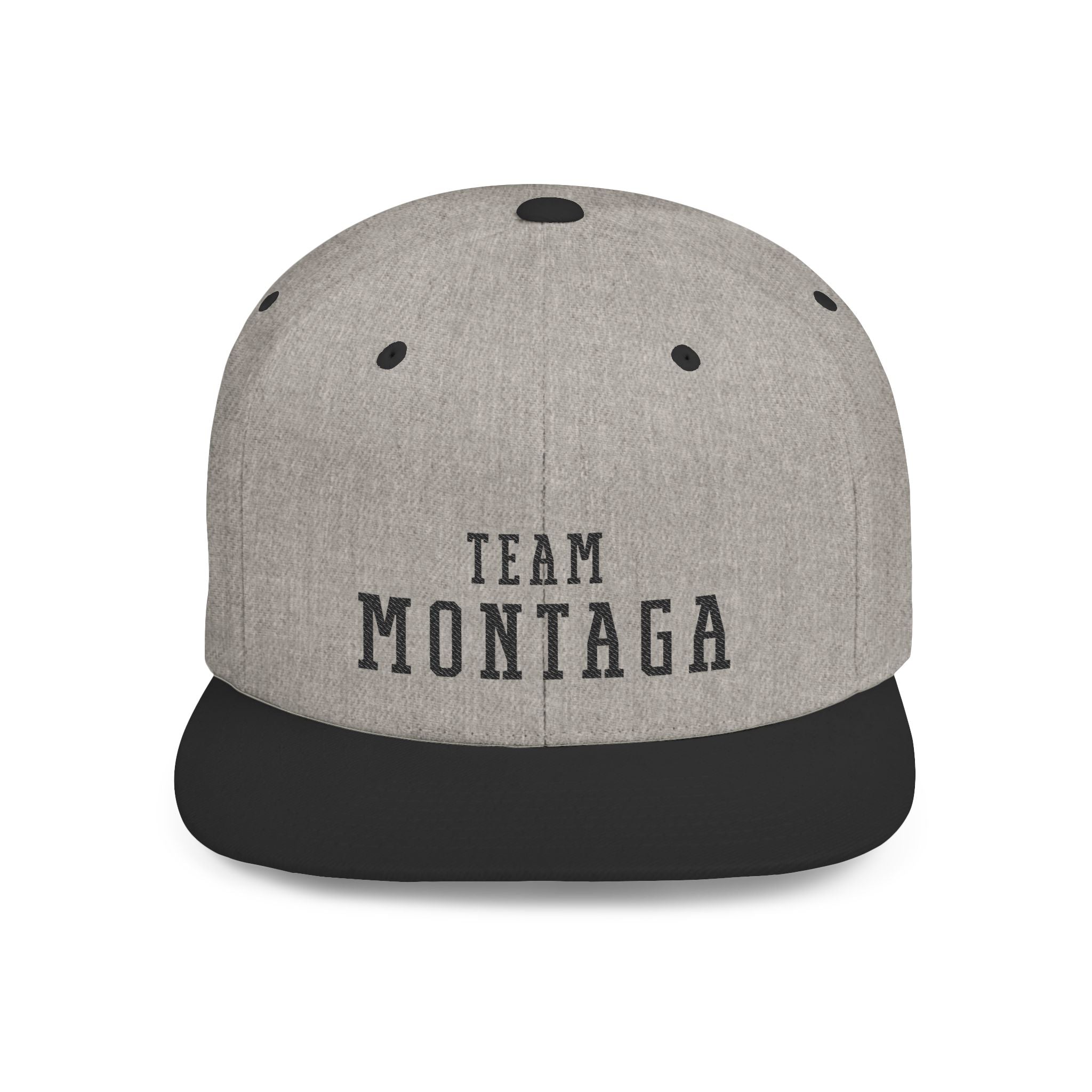 Team Montaga Varsity Flat Bill Snapback Hat: Light colors